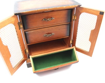 Vintage jewelry box - wooden, armoire-style with doors, green velvet interior, 1970s, 1980s