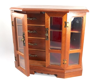 LARGE vintage wooden jewelry box - wood, mid century modern armoire-style with doors, red velvet interior, 1970s, 1980s