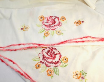 Pair Set of Two CLEAN Vintage White Pillowcases Embroidery Pink Blue Flowers