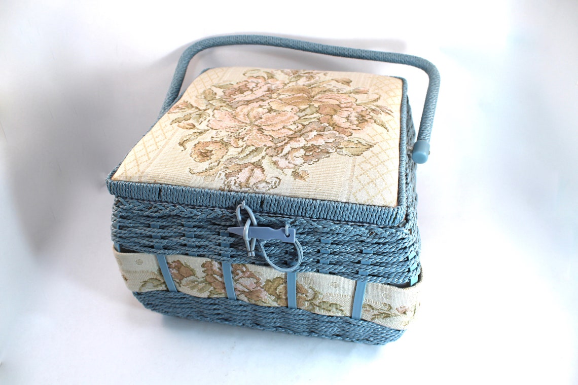 Large vintage tapestry sewing basket caddy needlepoint Etsy