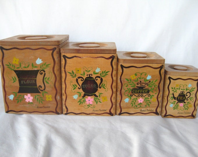 Vintage Wood Kitchen Canisters Handpainted Set of 4 by Etsy