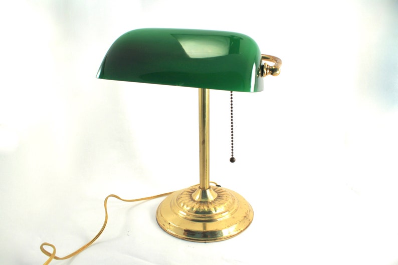 Vintage Green Glass Banker S Lamp Gold Tone Brass Metal Etsy