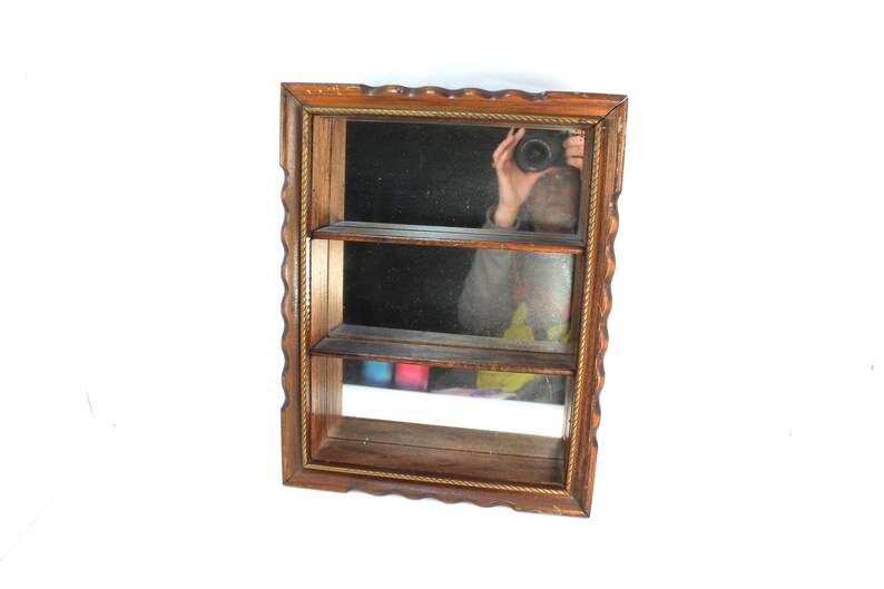 Vintage Wooden Shelves Wall Hanging With Mirrored Back 1970s Or 80s Display Shelf