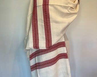 Mexican Rebozo Puebla Cotton Algodón Natural White Red Blanco Natural Rojo Handwoven Shawl Wrap Doula Baby Carrier Table Runner Corredor