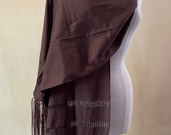 Handwoven Brown Mexican Rebozo Shawl: Rayon Cotton Blend