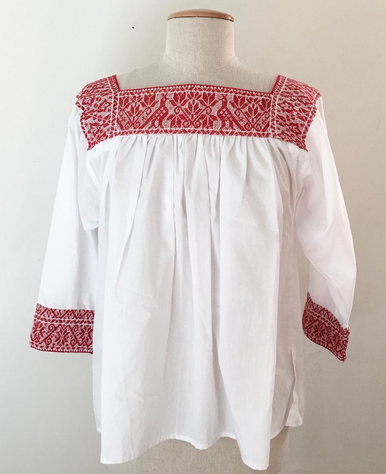 Mexican Puebla Hueyapan Blouse Red Gold Hand Embroidered SALE
