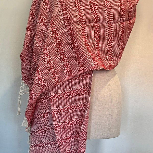 Mexican Rebozo Algodon Labrado Red Natural White Shawl Wrap Runner Baby Carrier Ikat