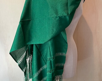 Mexican Rebozo Seda Chalina Medium Bright Green Verde Mediano Silk Texture Handwoven Shawl Wrap Runner Ikat