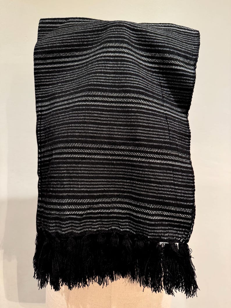 May include: A black and white striped scarf with a fringe trim. The scarf features horizontal stripes in varying widths, with a prominent fringe along the bottom edge. The fabric appears to be woven, creating a textured look.