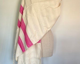 Mexican Rebozo Puebla Cotton Algodón Natural White Fuchsia Trim Blanco Natural Rosa Mexicano Handwoven Shawl Wrap Doula Baby Carrier