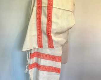 Mexican Rebozo Puebla Cotton Algodón Natural White Orange Trim Naranja Blanco Natural Handwoven Shawl Wrap Doula Baby Carrier Table Runner