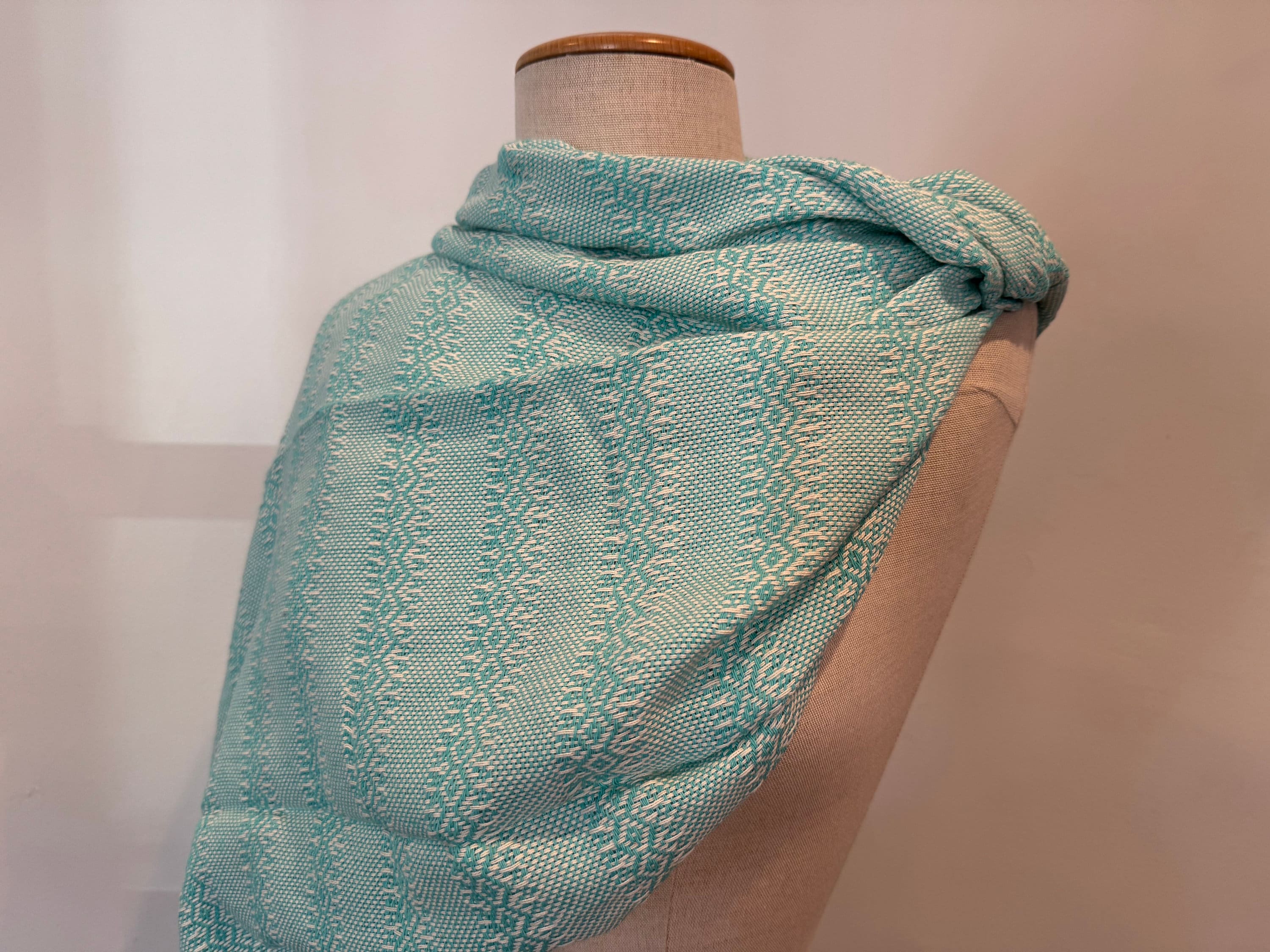 Châle Rebozo Mexicain - Bleu Et Beige - Tissé Main - Franges - Neuf Sans étiquette