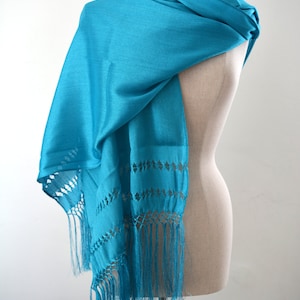 Mexican Rebozo Chalina Medium Turquoise Blue Mediano Seda Silk Texture Handwoven Shawl Wrap Runner Ikat