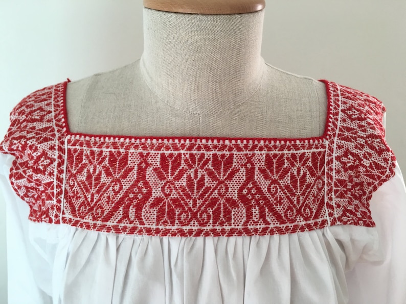 Mexican Puebla Hueyapan Blouse Red Gold Hand Embroidered SALE