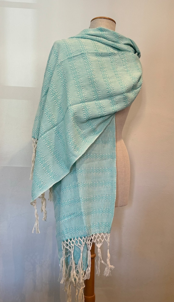 Châle Rebozo Mexicain Bleu Et Beige - Coton, Franges, Style Bohème - Neuf