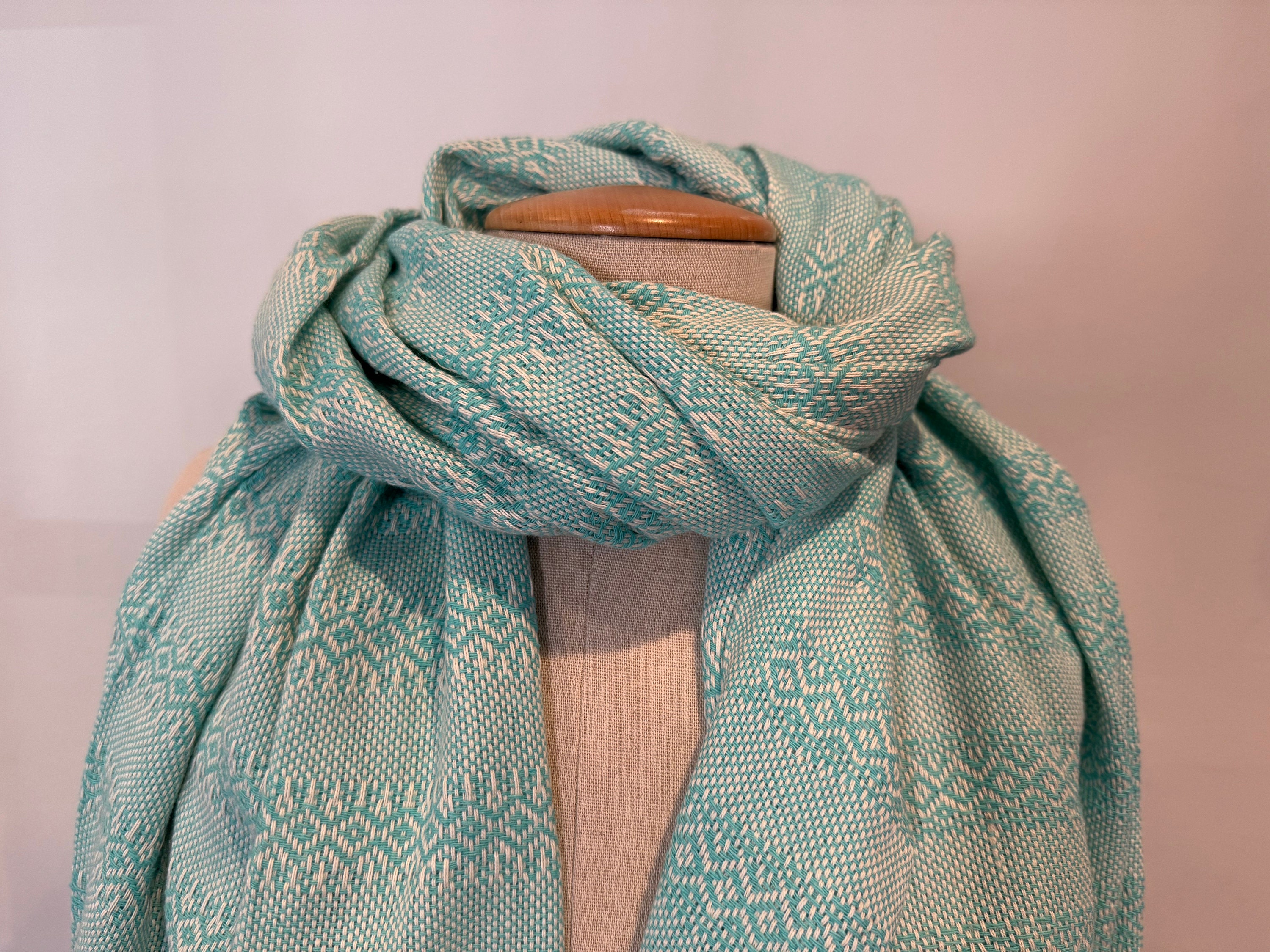 Châle Rebozo Mexicain - Coton - Bleu Et Beige, Motifs Géométriques - Franges - Neuf Sans étiquette