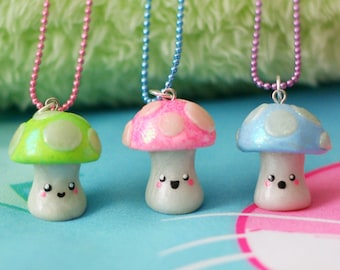 Mushroom Necklace Clay Charm Glitter Cute Kawaii Fairy Kei Pastel
