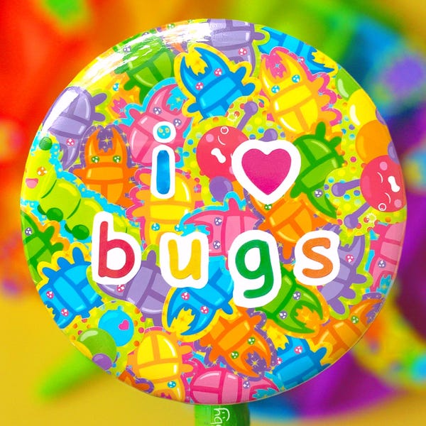 レインボーバグズボタンキッドコアピンラージバッジI Love Bugsカラフルカワイイカブトムシピンバックデコラ