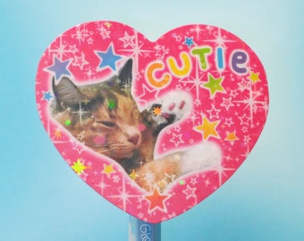 Heisei Retro Cat Sticker Y2K Kitty Heart Glitter Rainbow Stars Kawaii