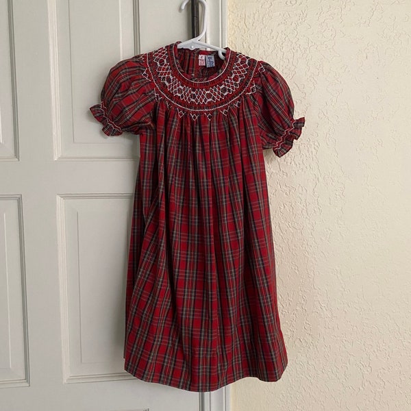 Vintage Orient Expressed Red Green White Christmas Plaid Smocked Dress