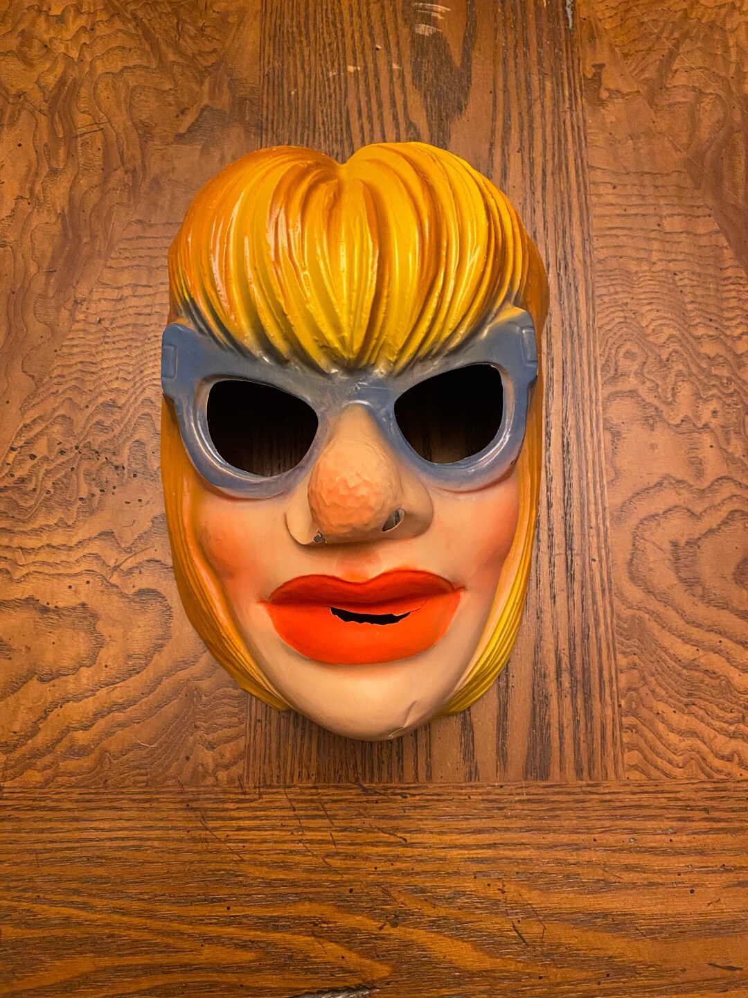 Vintage Halloween Mask Lady With Glasses Blonde Hair Red Lips Etsy