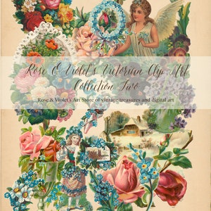 May include: A collection of vintage clip art featuring flowers, an angel, and a girl in a blue dress. The image includes a variety of flowers, including roses, forget-me-nots, and violets. The angel is wearing a white dress and has wings. The girl is holding a bouquet of flowers. The text "Rose & Violet's Victorian Clip Art Collection Two" is at the top of the image.