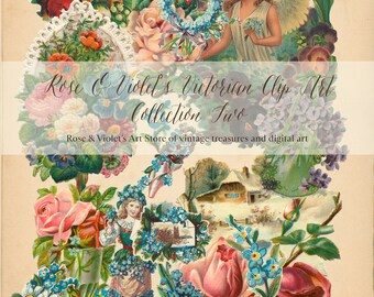 May include: A collection of vintage clip art featuring flowers, an angel, and a girl in a blue dress. The image includes a variety of flowers, including roses, forget-me-nots, and violets. The angel is wearing a white dress and has wings. The girl is holding a bouquet of flowers. The text "Rose & Violet's Victorian Clip Art Collection Two" is at the top of the image.