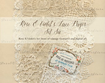 May include: A set of six vintage lace pages, featuring delicate floral patterns in white on a cream background. The text "Rose & Violet's Lace Pages Set Six" is written in cursive script. The text "Rose & Violet's Art Store of vintage treasures and digital art" is also included. A small vintage label with the text "Rose de Provence Essence Concentree J. Giraud Fils Grasse" is visible in the lower right corner.