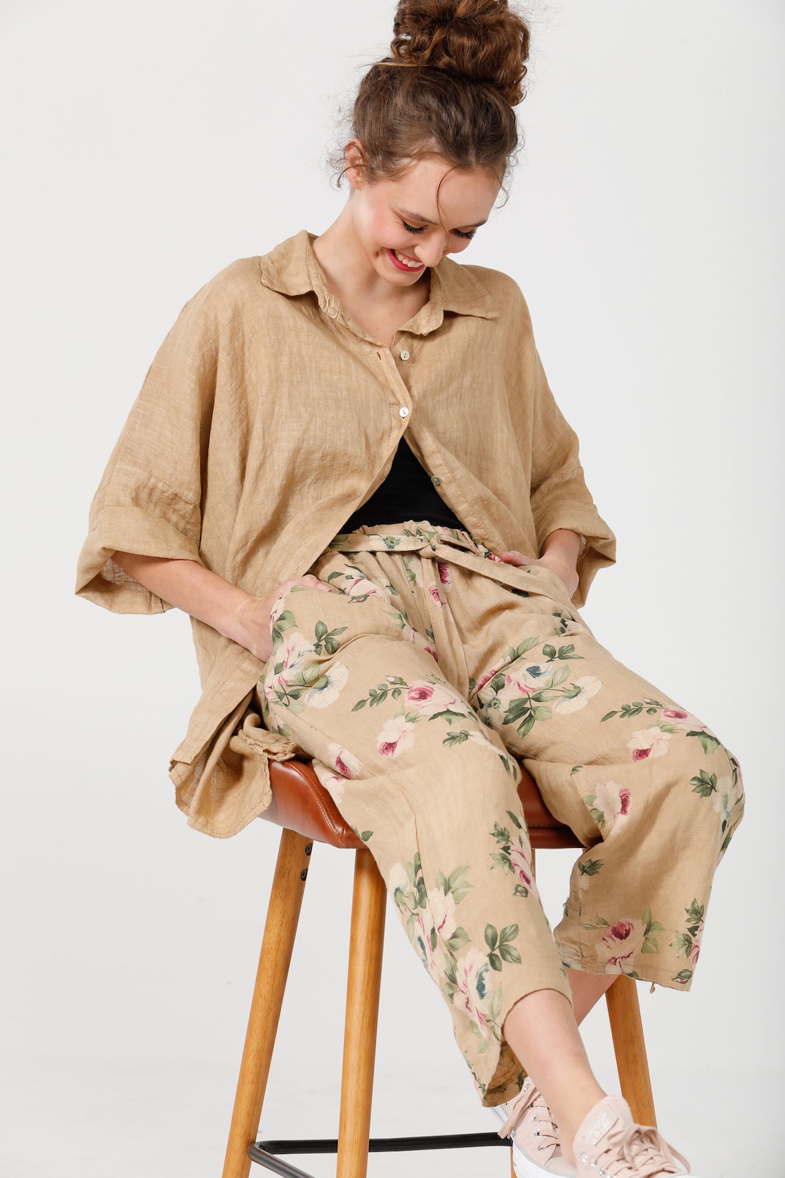 Floral Linen Pants Tan Linen Pants Linen Pants Pure Linen Etsy