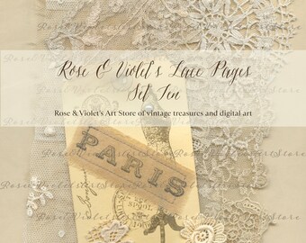 May include: A collection of vintage lace trims and fabric scraps in various patterns and textures. The lace is in shades of white and cream. The image includes a vintage postcard with the word "PARIS" printed on it. The text "Rose & Violet's Lace Pages Set Ten" is also included in the image.