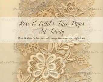 May include: A set of vintage lace pages, featuring delicate floral patterns in cream and white. The pages are arranged in a layered design, creating a textured and intricate look. The text "Rose & Violet's Lace Pages Set Twenty" is printed on a banner across the top of the image.