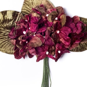 Burgundy velvet hydrangea posy, millinery flowers, vintage style velvet posy, millinery couture, scrapbooking and craft flowers