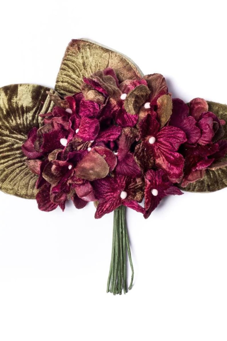 scrapbooking and craft flowers vintage style velvet posy Burgundy velvet hydrangea posy millinery couture millinery flowers