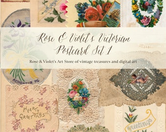 May include: A collection of vintage Victorian postcards featuring floral designs, lace patterns, and greetings. The postcards include images of roses, violets, hearts, and a handshake. The text on the postcards includes "Best Wishes", "Ajoyous", "FIN T GREE", "REMEMBER ME", "HEARTY GREETINGS", and "Greetings".