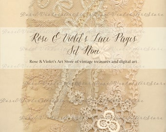 May include: A set of nine vintage lace pages in various patterns and textures. The lace is a delicate cream color and is arranged on a beige background. The text "Rose & Violet's Lace Pages Set Nine" is printed in brown ink at the top of the image.