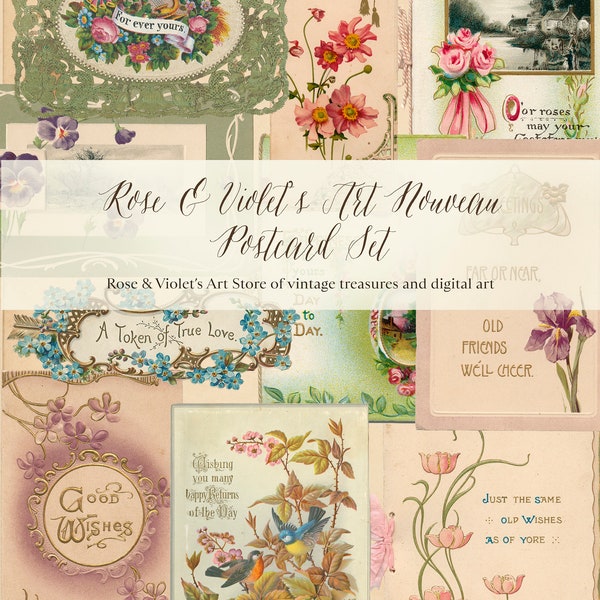 Art Nouveau Postcard Set, Transparent Background PNGs, collage clip art, scrapbooking, digital clip art, stationery arts