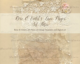 May include: A set of three vintage lace pages in beige and white. The lace is delicate and intricate, with floral patterns. The pages are perfect for crafting, scrapbooking, or adding a touch of vintage charm to your projects. The text on the page reads "Rose & Violet's Lace Pages Set Three".