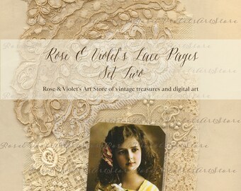 May include: A vintage image of a young girl holding a bouquet of flowers, surrounded by delicate lace. The image is titled "Rose & Violet's Lace Pages Set Two" and is from Rose & Violet's Art Store of vintage treasures and digital art.