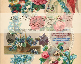 May include: A collection of vintage Victorian clip art featuring angels, flowers, and a basket of violets. The text "Rose & Violet's Victorian Clip Art Collection One" is at the top of the image. The text "Rose & Violet's Art Store of vintage treasures and digital art" is at the bottom of the image. The text "I'll never repine whatever my lot may be: The sweetest joy on earth is mine if thou art near" is in a heart-shaped frame.