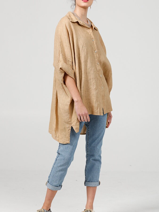 TAN Linen Shirt Loose Fit Linen Shirt Tan Shirt Linen Etsy