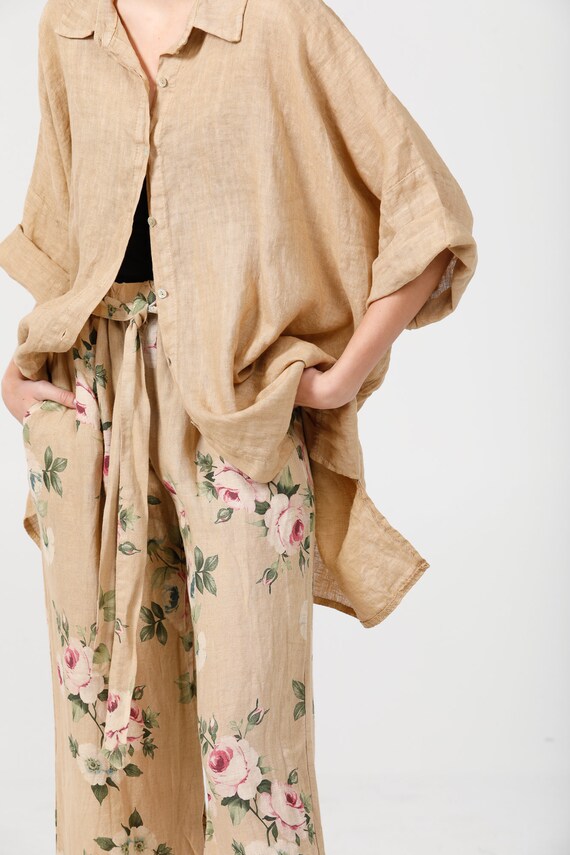 Floral Linen Pants Tan Linen Pants Linen Pants Pure Linen Etsy