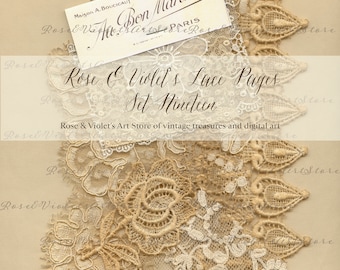 May include: A collection of delicate, off-white lace pieces arranged in a corner of a beige background. The lace is made of fine threads and features intricate floral patterns. A vintage label from a Parisian store, "Au Bon Marché", is visible in the upper left corner of the image. The text "Rose & Violet's Lace Pages Set Nineteen" is written in a decorative script below the lace.