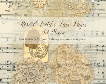 May include: A collage featuring vintage lace elements, including crochet doilies and floral embellishments, layered over sheet music. The text "Rose & Violet's Lace Pages Set Eleven" is displayed. The color palette is soft, with cream, beige, and off-white tones.