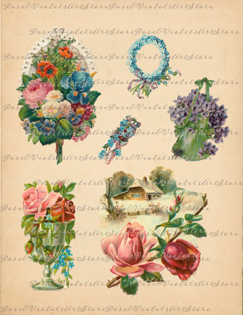 May include: A vintage illustration featuring a collection of floral bouquets. The bouquets include a variety of flowers, such as roses, violets, and forget-me-nots. The flowers are arranged in a variety of ways, including in vases, wreaths, and bouquets. The illustration is in a vintage style, with a faded color palette and a delicate line.