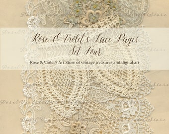 May include: A collection of four vintage lace pieces in various patterns and textures. The lace is a delicate cream color and features floral motifs. The text "Rose & Violet's Lace Pages Set Four" is printed on a beige background.