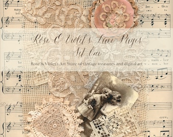 May include: A digital collage featuring vintage lace, a photograph of two girls, and sheet music with the text "Rose & Violet's Lace Pages Set One" and "Rose & Violet's Art Store of vintage treasures and digital art".