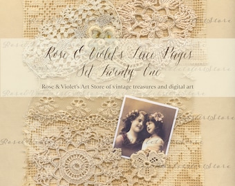 May include: A vintage-inspired digital art print featuring a collection of delicate lace doilies and a photograph of two young girls. The print is titled "Rose & Violet's Lace Pages Set Twenty-One" and includes the text "Rose & Violet's Art Store of vintage treasures and digital art".