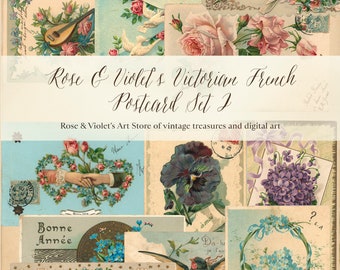 May include: A collection of vintage French postcards featuring floral designs, including roses, violets, and forget-me-nots. The postcards have greetings such as "Bonne Année" and "Un bonjour de Bere hafers".