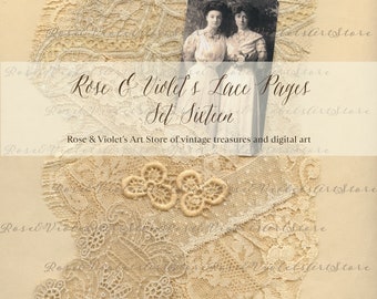 May include: Vintage lace pages with a sepia-toned photograph of two women. The image features various lace samples in cream and beige tones, with delicate floral and geometric patterns. The text reads "Rose & Violet's Lace Pages Set Sixteen."