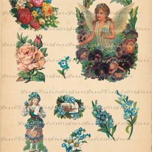 May include: A collection of vintage paper ephemera featuring images of flowers, angels, and a girl in a floral dress. The images are printed on a cream-colored background and have a faded, antique look.